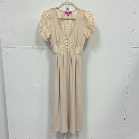 Betsey Johnson Mosaic Lace Puff-Sleeve Midi Dress Crochet Back Cream Sm JL408532 - Picture 3 of 15